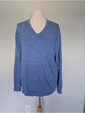 Lands End Mens Blue Supima Cotton V-Neck Sweater XL Classic Fit